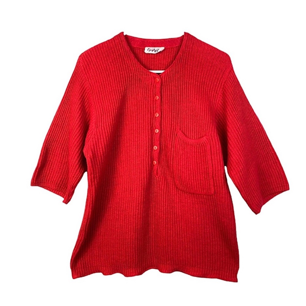 Vintage 70s Ribbed Knit Fitted Sweater 3/4 Sleeves Cherry Red Pocket M